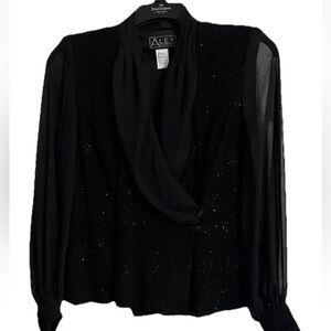 Alex Evenings Shawl V-Neck Collar  Long Sleeve Sparkle Black Size Large Top